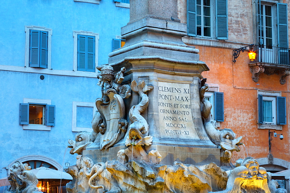 Fountain in Piazza della Rotunda at night, Rome, Lazio, Italy, Europe