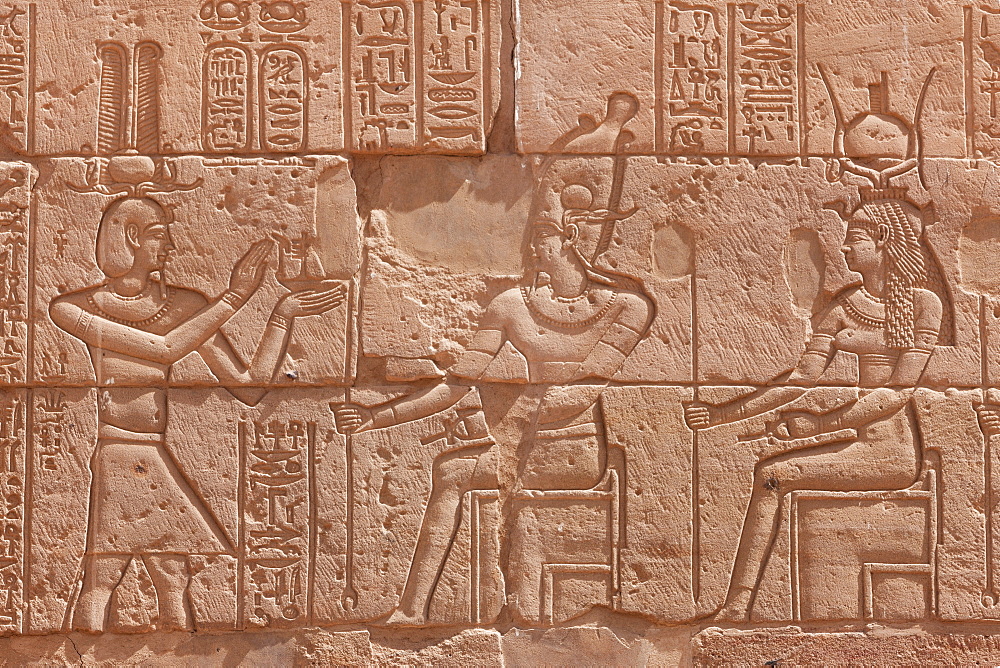 Relief carving in the ancient Egyptian Philae Temple, UNESCO World Heritage Site, Aswan, Egypt, North Africa, Africa