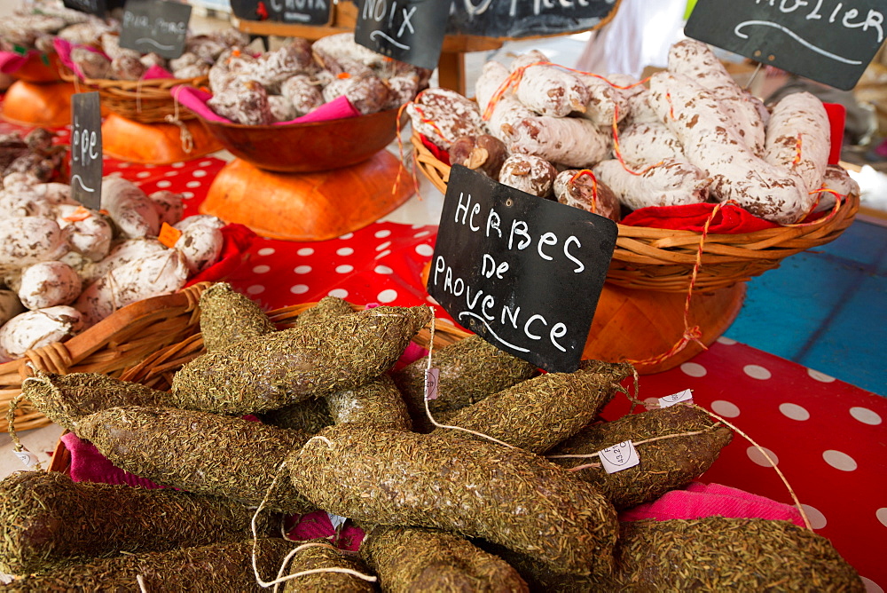 Traditional sausages for sale in an open air market in the historic town of Cassis, Provence, France, Europe