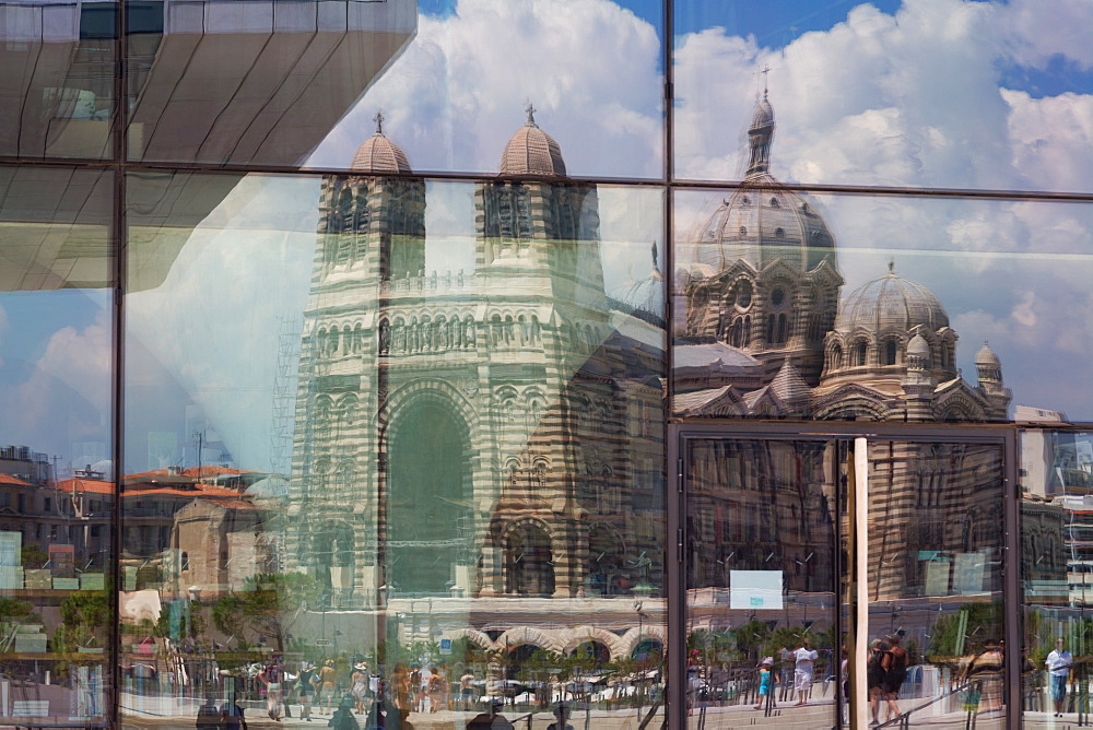 The new MuCEM gallery in Marseille with the cathedral reflected in the glass, Marseille, Provence, France, Europe