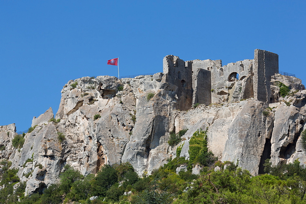 Castle ruin in the rocks of the hill village of Les Baux-de-Provence, Provence, France, Europe