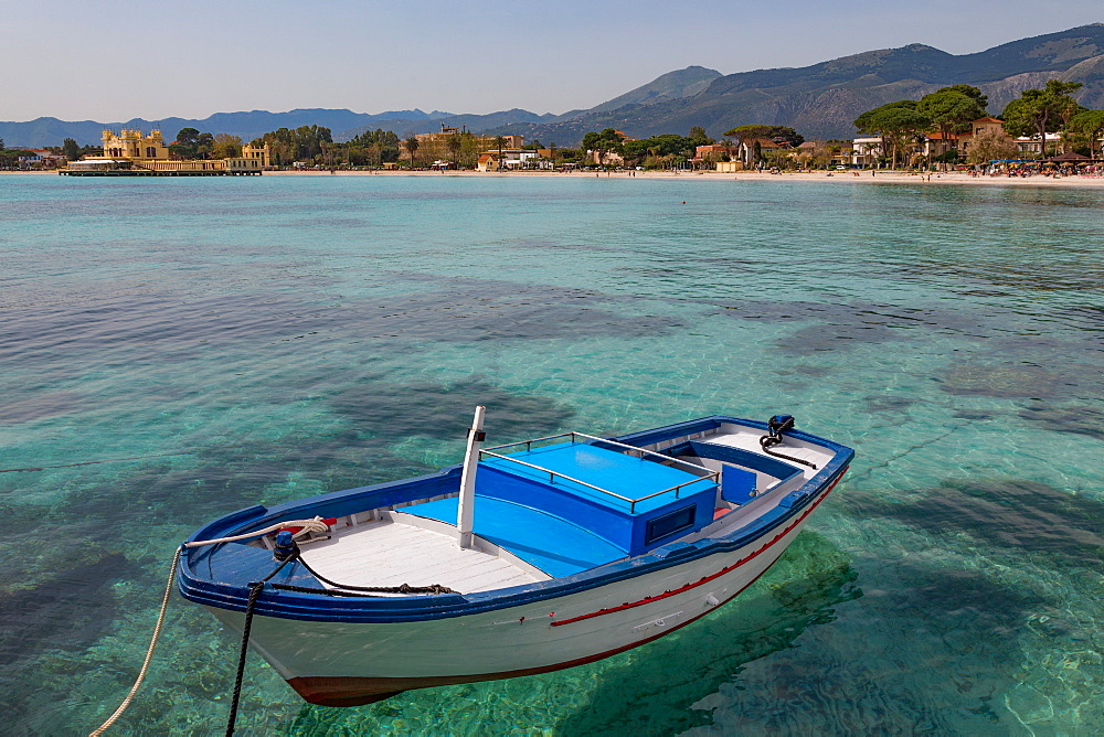 Traditional colourful fishing boat moored at the seaside resort of Mondello, Sicily, Italy, Mediterranean, Europe