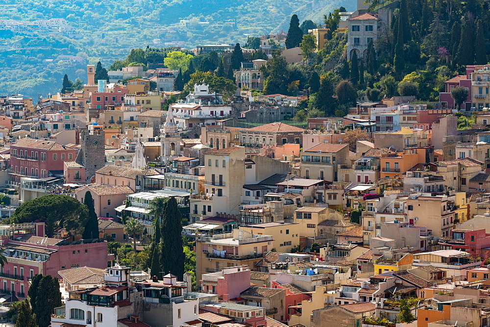 View of the hill town of Taormina, Sicily, Italy, Mediterranean, Europe