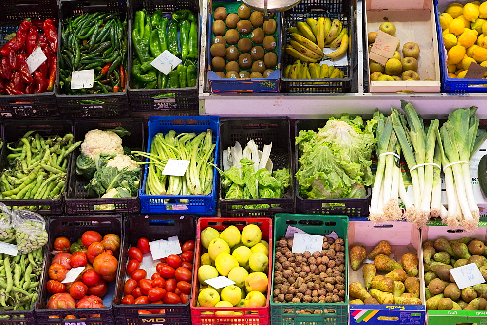 Fruit and vegetables for sale in Logrono covered market, La Rioja, Spain, Europe