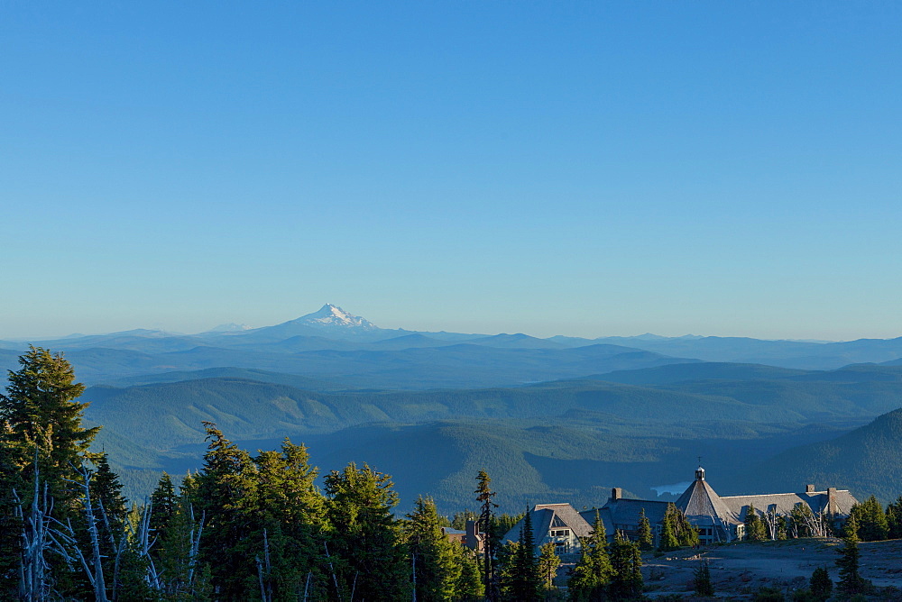 Timberline Lodge hotel and Mount Jefferson seen from Mount Hood, part of the Cascade Range, Pacific Northwest region, Oregon, United States of America, North America