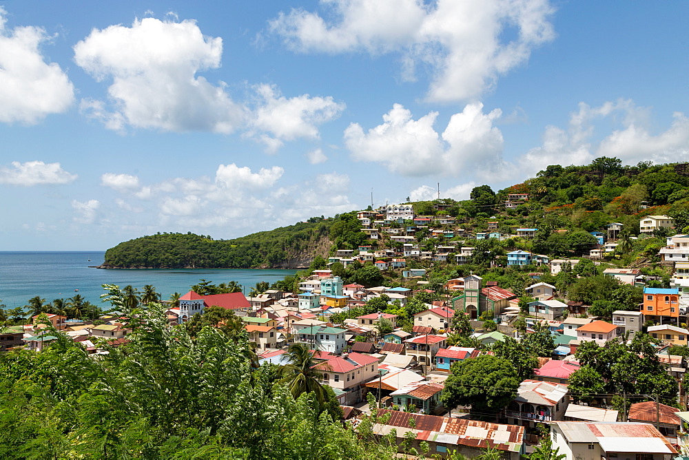 The small town of Canaries, with Canaries Bay beyond, St. Lucia, Windward Islands, West Indies Caribbean, Central America