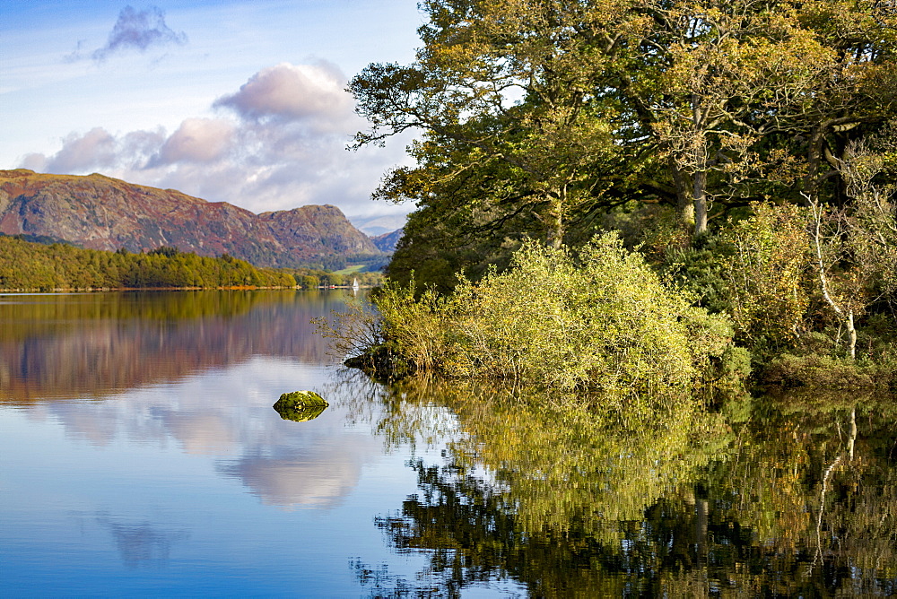 Shoreline, mountains and sky with a perfect reflection in the still waters of Coniston Water, Lake District National Park, UNESCO World Heritage Site, Cumbria, England, United Kingdom, Europe