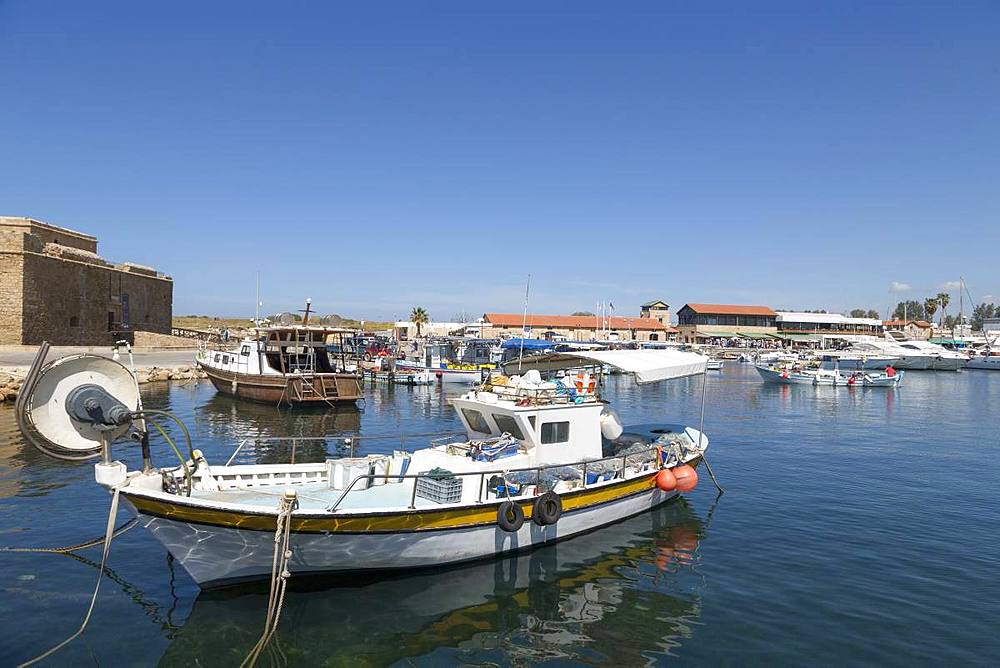 Traditional fishing boats moored in Paphos harbour, southern Cyprus, Mediterranean, Europe