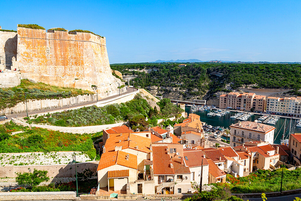 The Citadel and old town of Bonifacio with the marina in the distance, Bonifacio, Corsica, France, Mediterranean, Europe