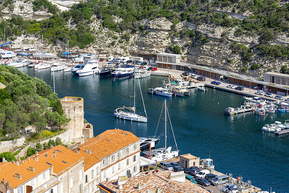 Boats moored in the marina in the southern Corsica town of Bonifacio, Corsica, France, Mediterranean, Europe