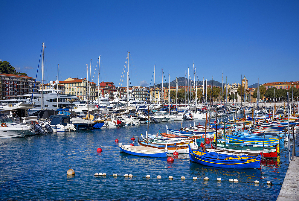 Traditional colourful fishing boats moored in Port de Nice, UNESCO, Alpes Maritimes, French Riviera, Provence, France