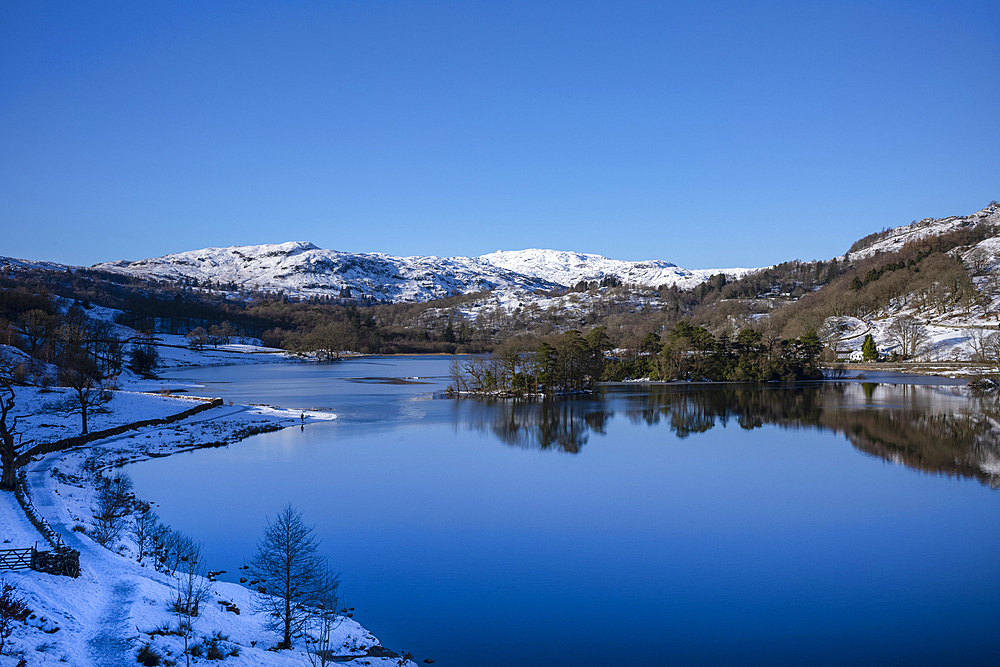 Winter snow at Rydal Water in the Lake District National Park, United Kingdom