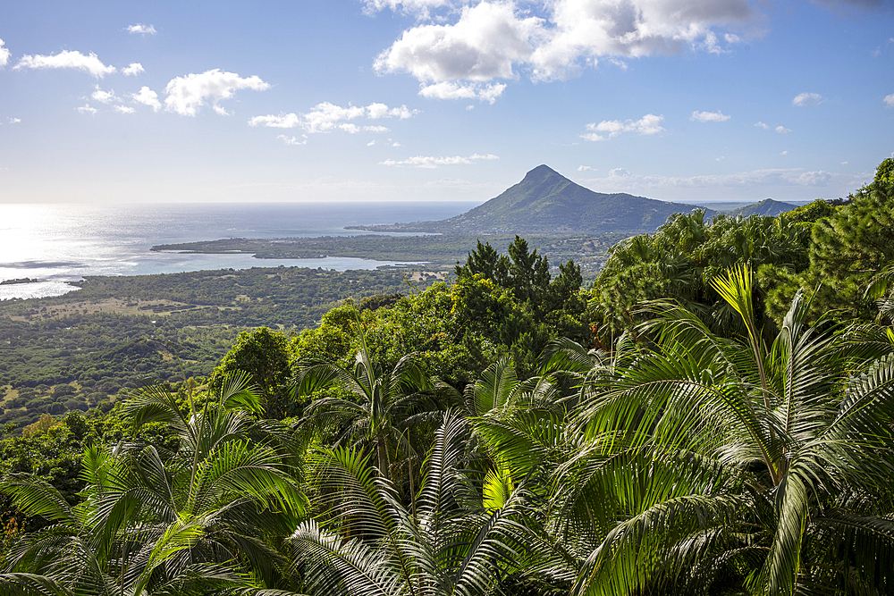 View of Tamariln Mountain and the dramatic coastline from Chamarel on the exotic island of Mauritius in the Indian Ocean