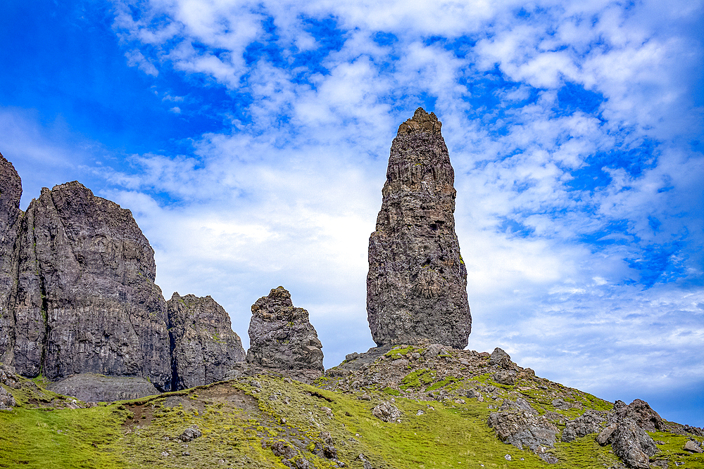 The Old Man of Storr rock formation on the rugged hills of the Trotternish escarpment on the northernmost peninsula of the Isle of Skye, Inner Hebrides, Scotland.
