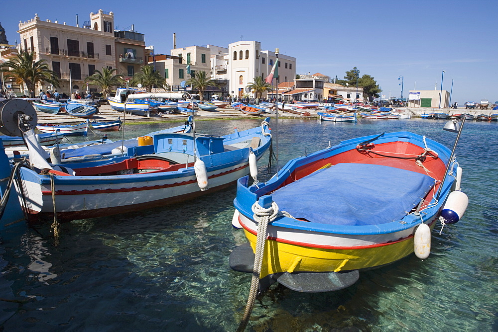 Traditional fishing boats, harbour, Mondello, Palermo, Sicily, Italy, Mediterranean, Europe