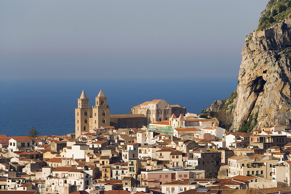 Distant view of Cathedral, Cefalu, Sicily, Italy, Mediterranean, Europe