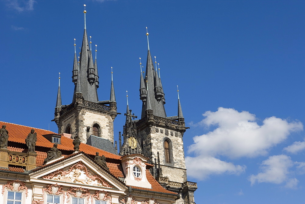 Kisky Palace, Old Town Square, with the Church of Our Lady before Tyn in the background, Old Town, Prague, Czech Republic, Europe