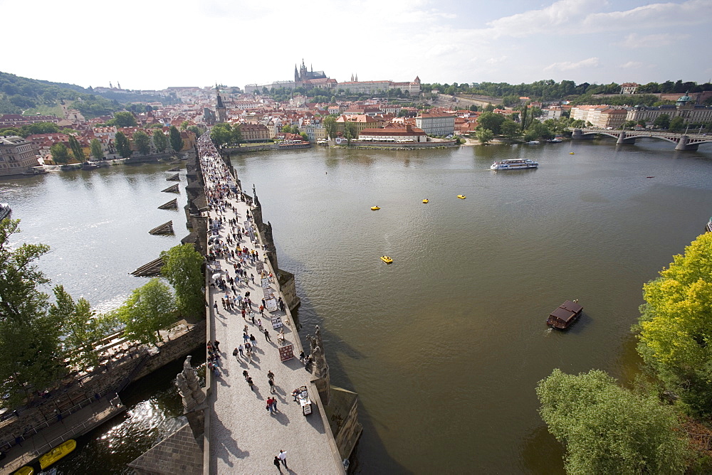 View of Charles Bridge, UNESCO World Heritage Site, from Old Town Bridge Tower, River Vltava, Little Quarter Bridge Tower, Prague, Czech Republic, Europe