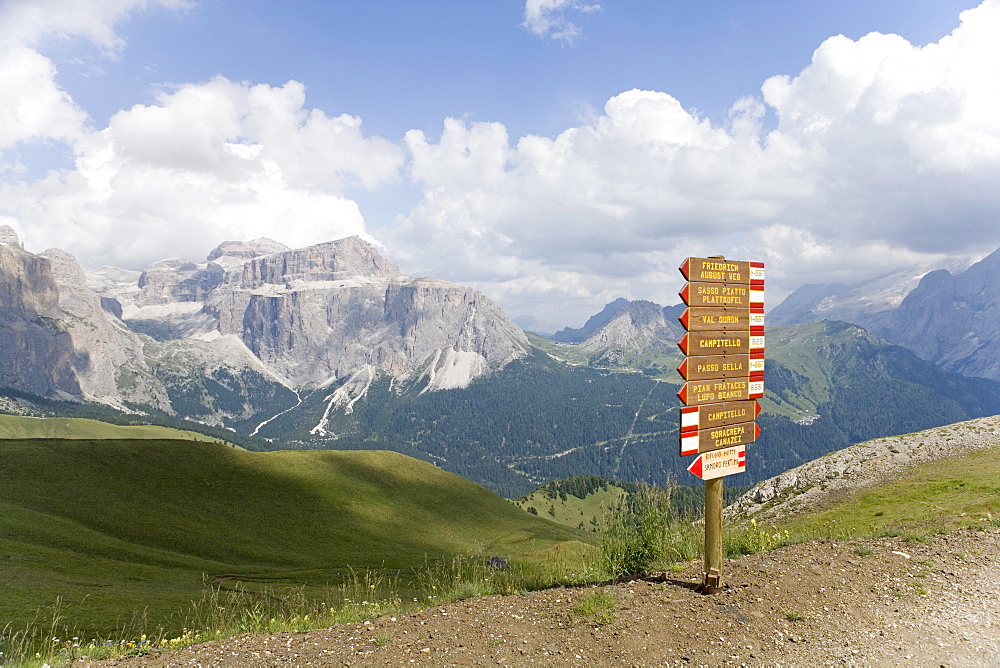 Signpost on a footpath in the Dolomites, Italy