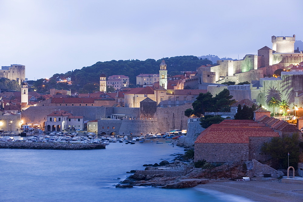 Evening view of harbour and waterfront of Dubrovnik Old Town, Dalmatia, Croatia, Europe