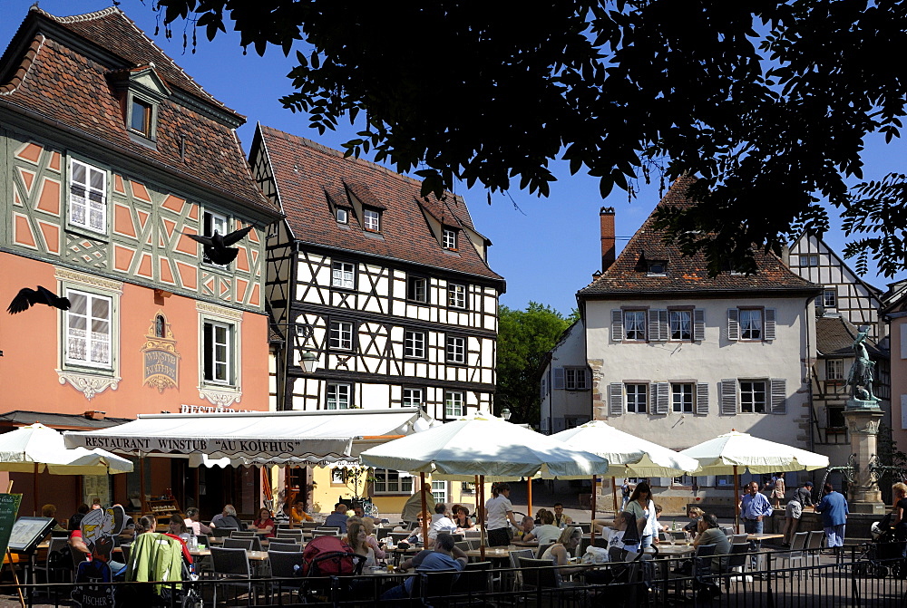 Half timbered and painted buildings and restaurants, Colmar, Haut Rhin, Alsace, France, Europe