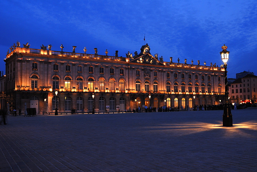 Evening floodlit view of the Hotel de Ville, Place Stanislas, UNESCO World Heritage Site, Nancy, Lorraine, France, Europe