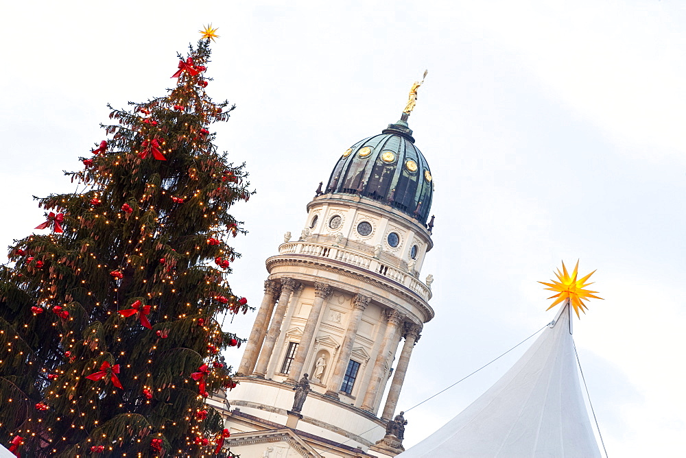 Traditional Christmas Market at Gendarmenmarkt, illuminated at dusk, Berlin, Germany, Europe