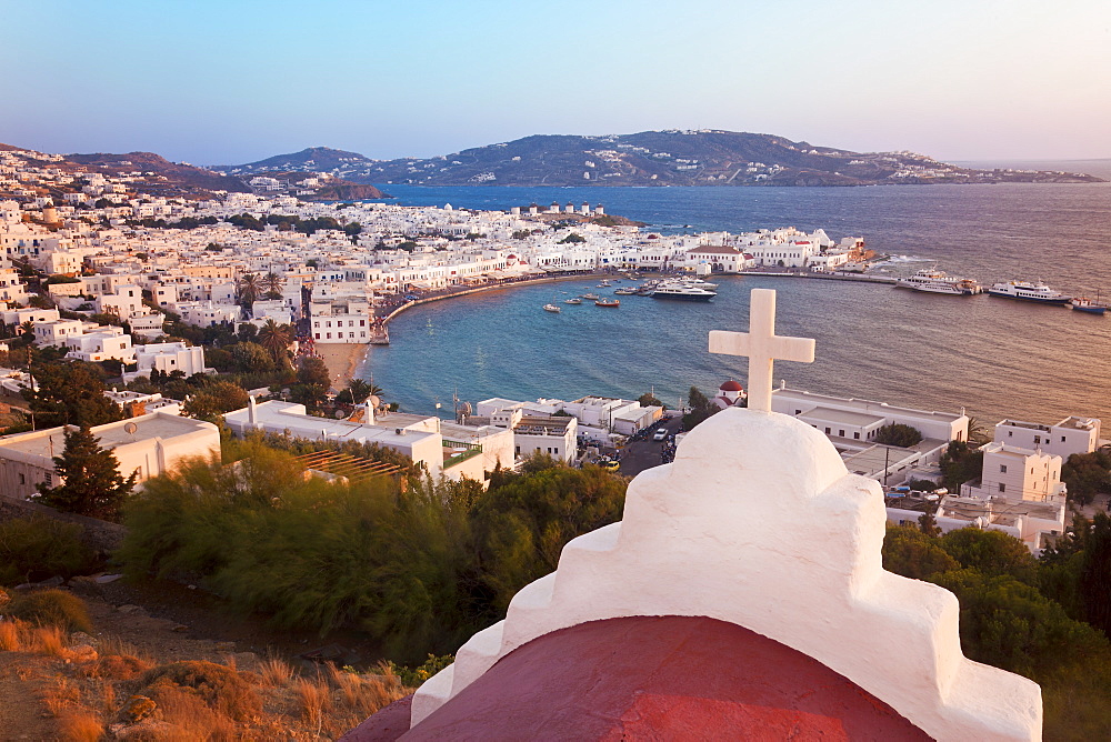 Elevated view over the harbour and old town, Mykonos (Hora), Cyclades Islands, Greek Islands, Greece, Europe