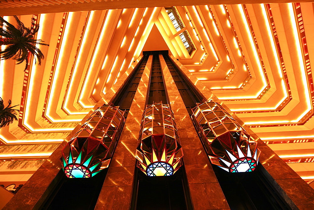 Wide angle view of the interior of a hotel in Doha, Qatar, Middle East