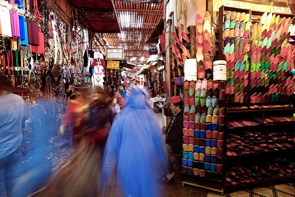 Soft leather Moroccan slippers in the Souk, Medina, Marrakesh, Morocco, North Africa, Africa