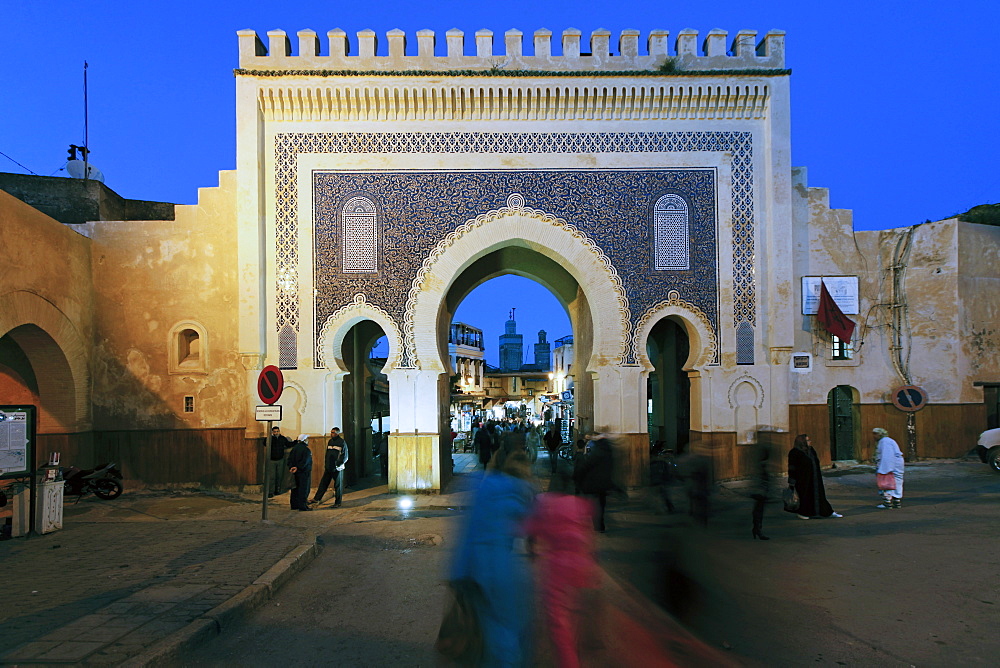 Blue tiled archway of the Bab Bou Jeloud city gate to medina, Fez, Middle Atlas, Morocco, Africa