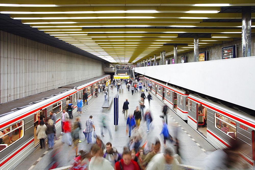 Underground train arriving at Smichovske Nadrazi metro station, Prague, Czech Republic, Europe