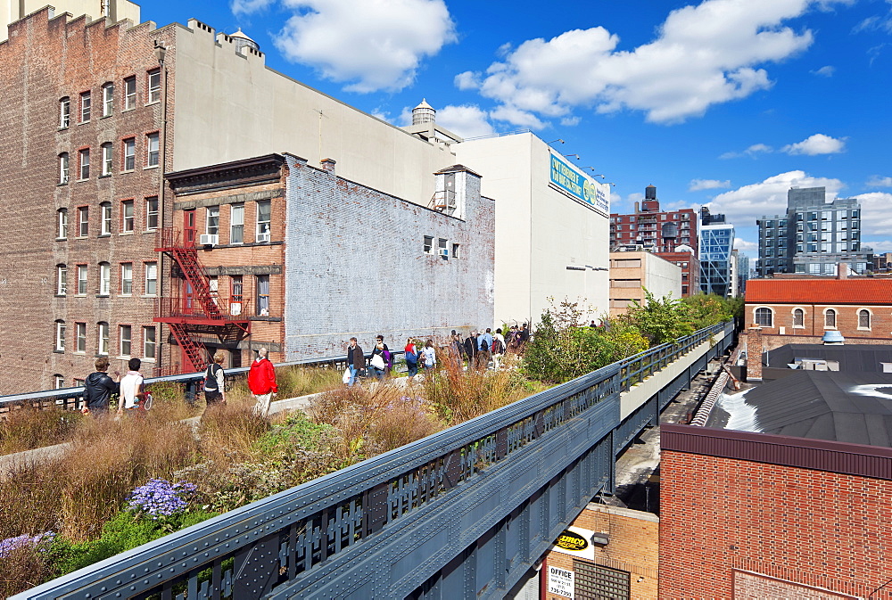 People walking on the High Line, a one-mile New York City park, New York, United States of America, North America