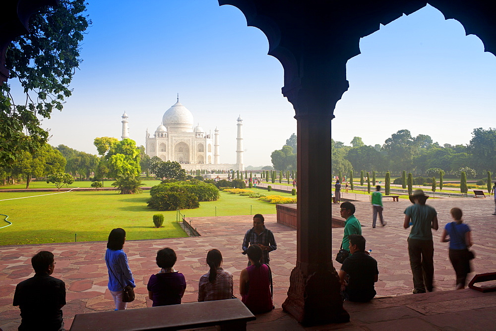 Taj Mahal, UNESCO World Heritage Site, viewed through decorative stone archway, Agra, Uttar Pradesh state, India, Asia