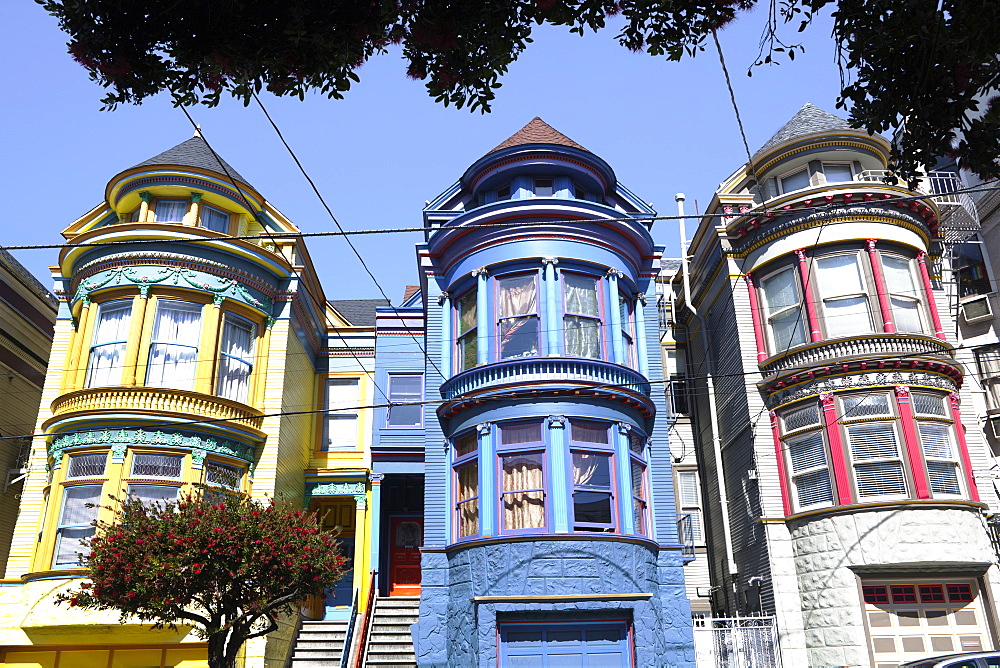 Colourfully painted Victorian houses in the Haight-Ashbury district of San Francisco, California, United States of America, North America