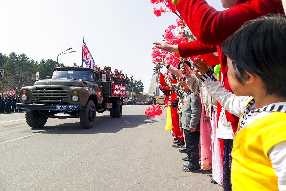 Military parade during street celebrations on the 100th anniversary of the birth of President Kim Il Sung, April 15th 2012, Pyongyang, Democratic People's Republic of Korea (DPRK), North Korea, Asia