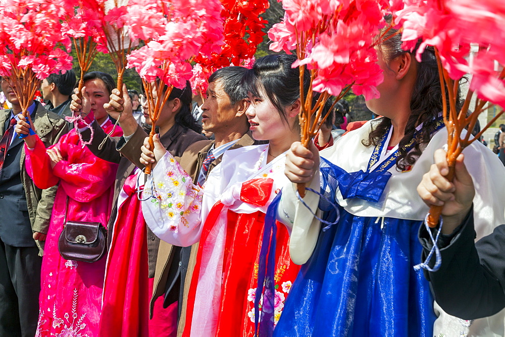 Women in traditional dress during street celebrations on the 100th anniversary of the birth of President Kim Il Sung, April 15th 2012, Pyongyang, Democratic People's Republic of Korea (DPRK), North Korea, Asia