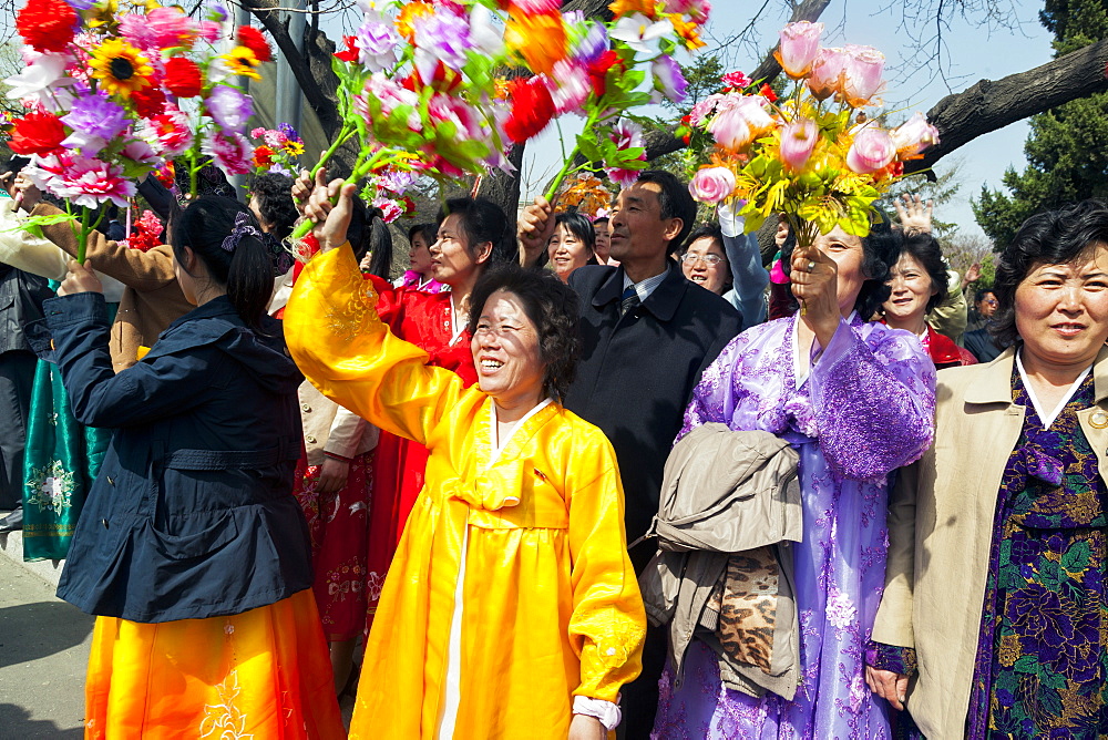 Women in traditional dress during street celebrations on the 100th anniversary of the birth of President Kim Il Sung, April 15th 2012, Pyongyang, Democratic People's Republic of Korea (DPRK), North Korea, Asia