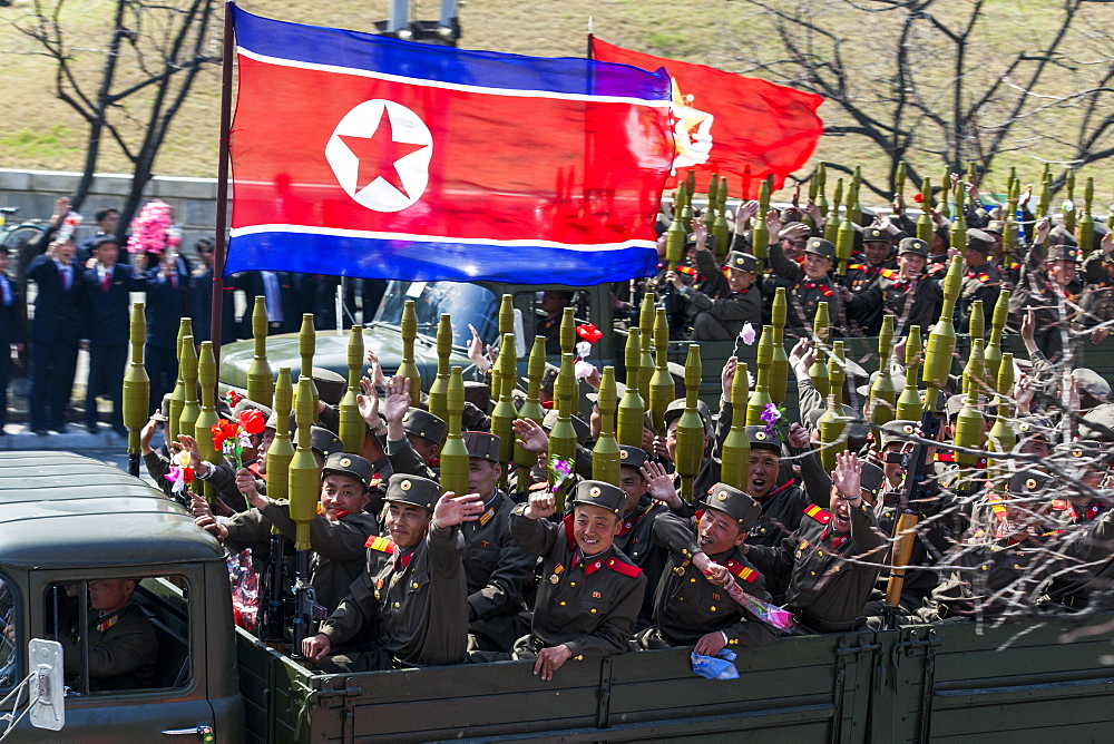 Military parade during street celebrations on the 100th anniversary of the birth of President Kim Il Sung, April 15th 2012, Pyongyang, Democratic People's Republic of Korea (DPRK), North Korea, Asia