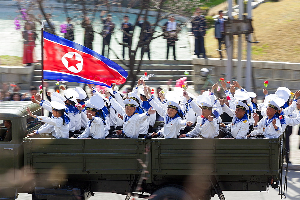 Military parade during street celebrations on the 100th anniversary of the birth of President Kim Il Sung, April 15th 2012, Pyongyang, Democratic People's Republic of Korea (DPRK), North Korea, Asia