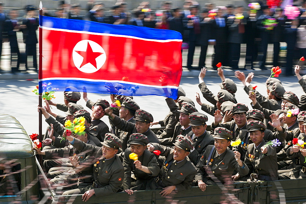 Military parade during street celebrations on the 100th anniversary of the birth of President Kim Il Sung, April 15th 2012, Pyongyang, Democratic People's Republic of Korea (DPRK), North Korea, Asia