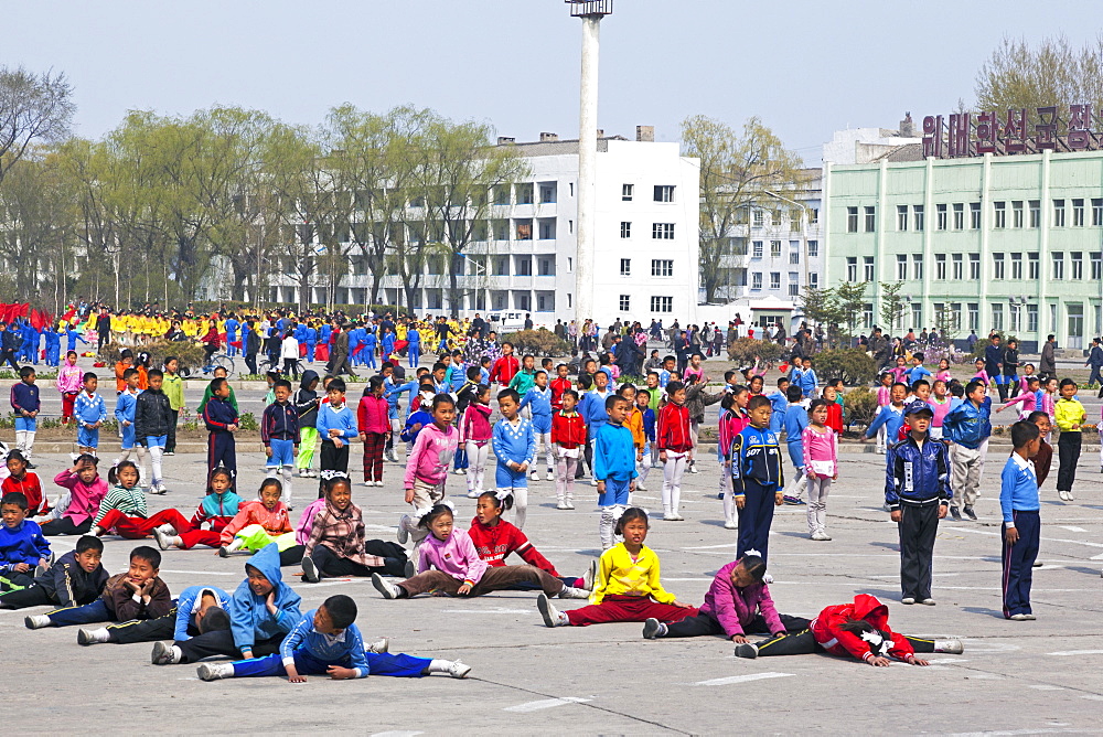 Children practising mass games outside the Grand Theatre, Hamhung, Democratic People's Republic of Korea (DPRK), North Korea, Asia