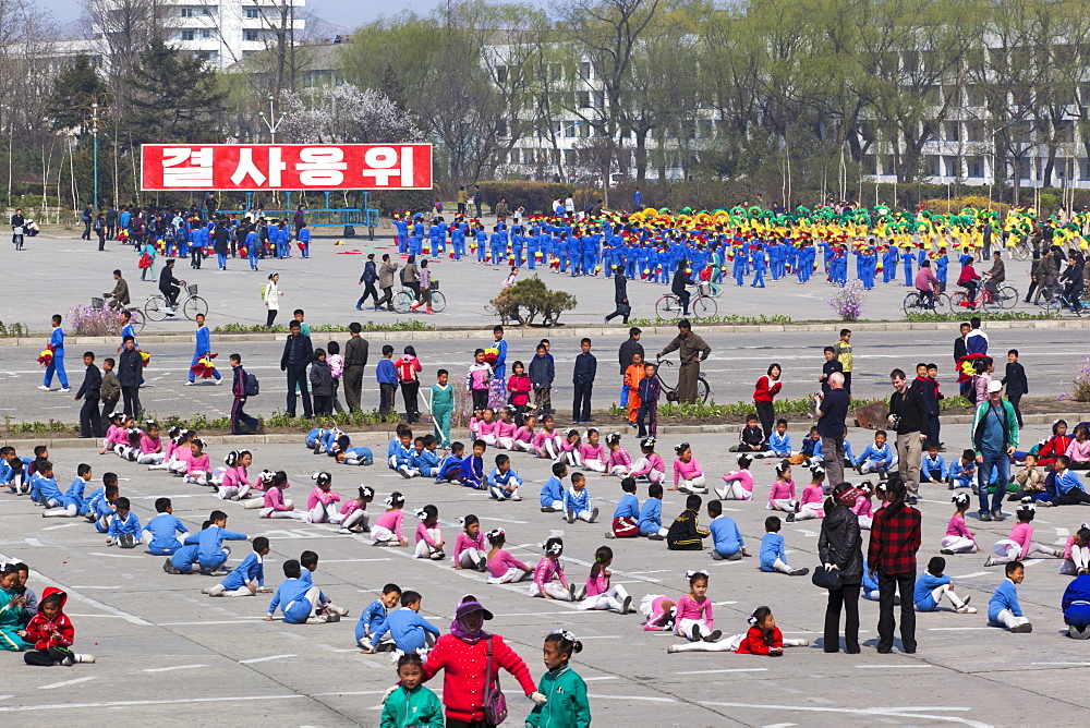 Children practising mass games outside the Grand Theatre, Hamhung, Democratic People's Republic of Korea (DPRK), North Korea, Asia