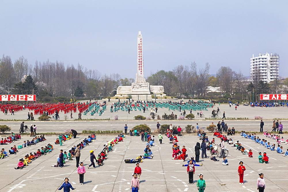 Children practising mass games outside the Grand Theatre, Hamhung, Democratic People's Republic of Korea (DPRK), North Korea, Asia