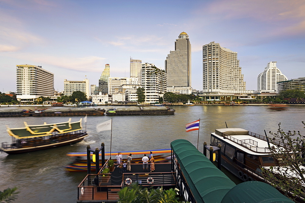 Chao Phraya River and the modern Bangkok skyline, Bangrak district, Bangkok, Thailand, Southeast Asia, Asia