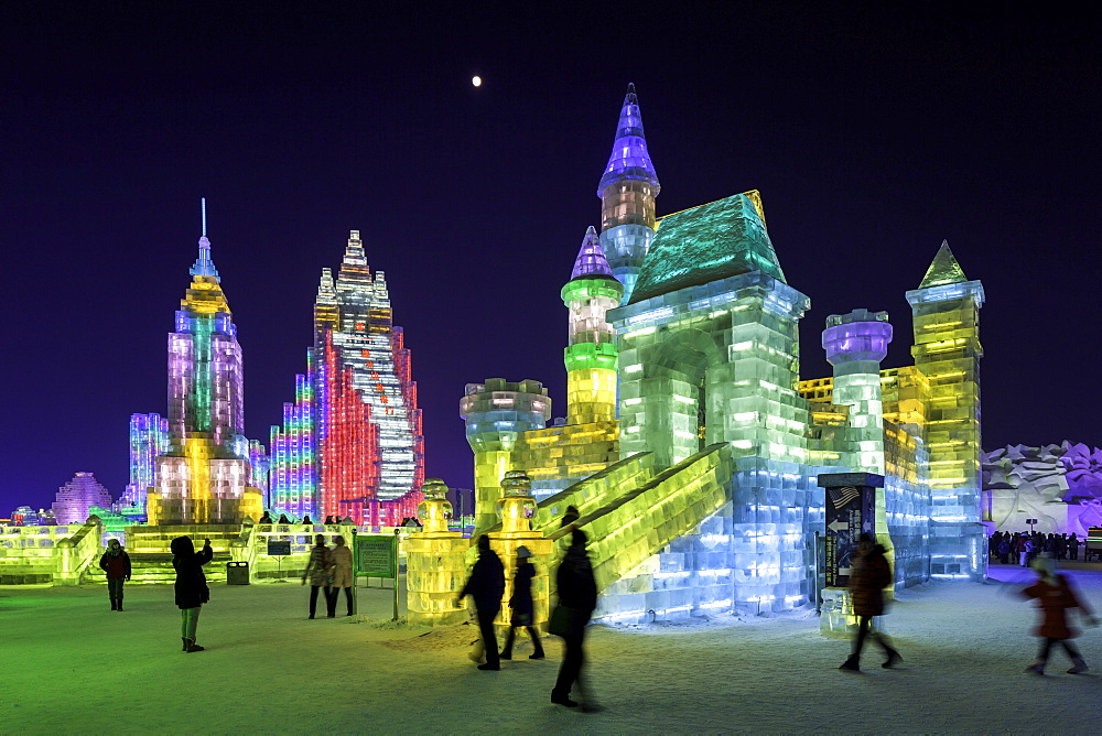 Spectacular illuminated ice sculptures at the Harbin Ice and Snow Festival in Harbin, Heilongjiang Province, China, Asia