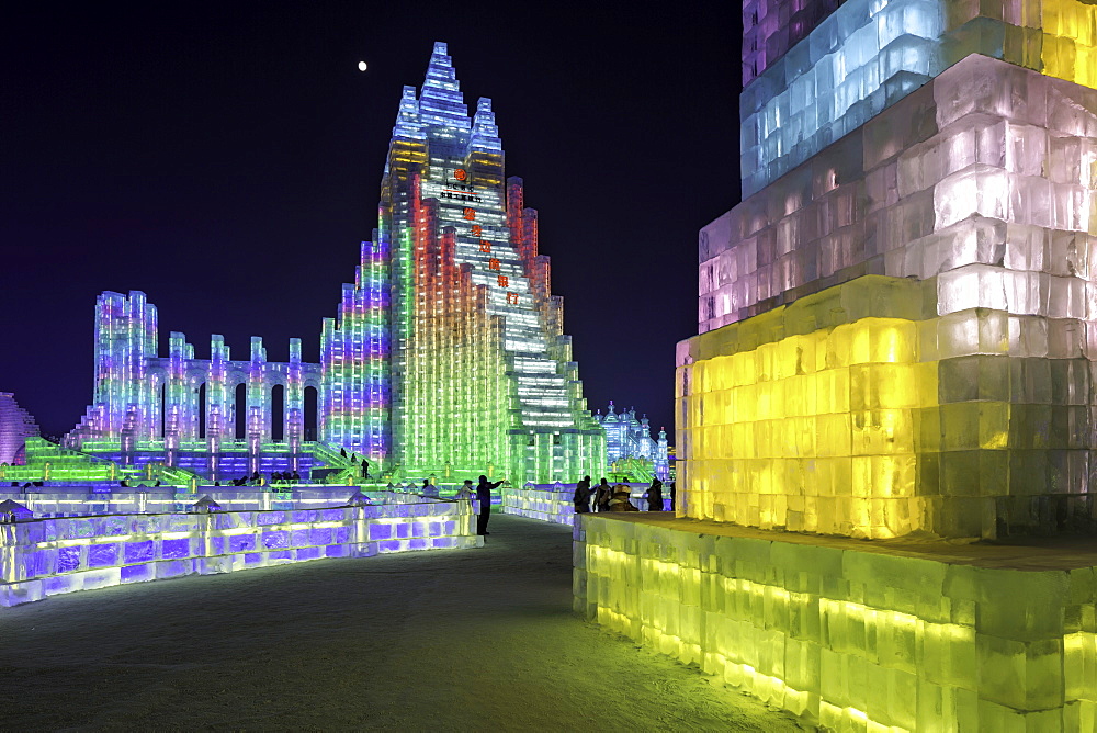 Spectacular illuminated ice sculptures at the Harbin Ice and Snow Festival in Harbin, Heilongjiang Province, China, Asia