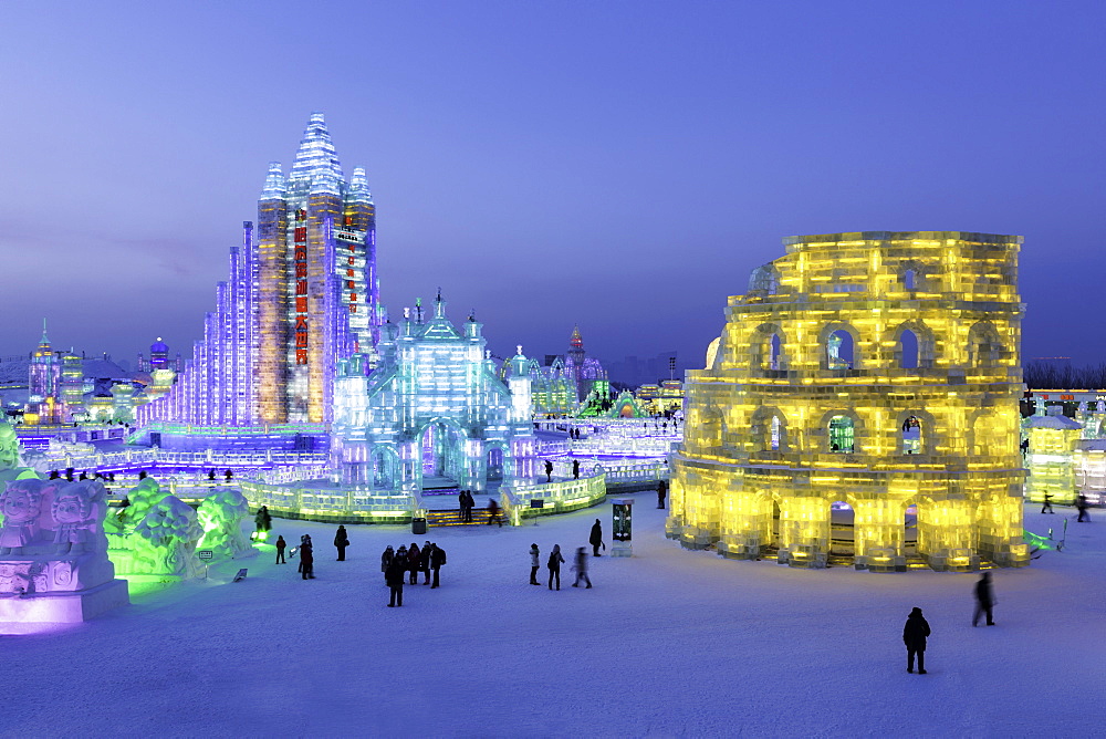 Spectacular illuminated ice sculptures at the Harbin Ice and Snow Festival in Harbin, Heilongjiang Province, China, Asia