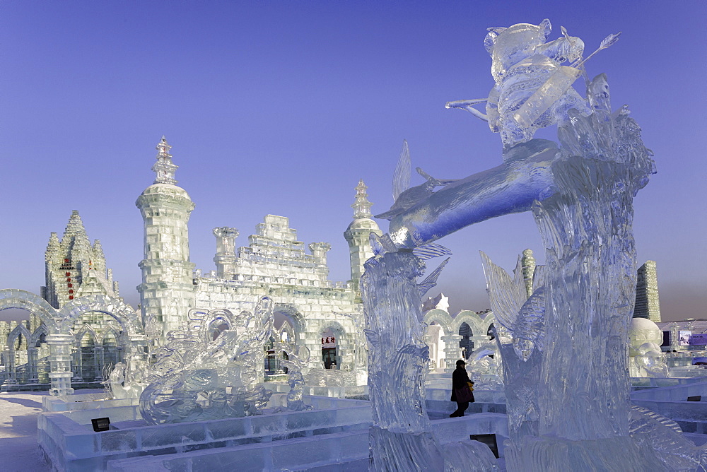 Spectacular ice sculptures at the Harbin Ice and Snow Festival in Harbin, Heilongjiang Province, China, Asia