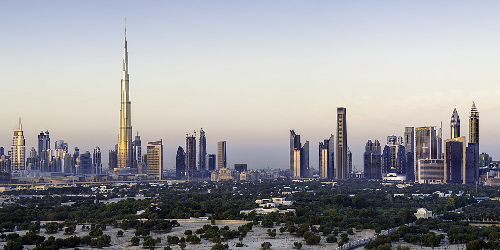 Elevated view of the new Dubai skyline, the Burj Khalifa, modern architecture and skyscrapers on Sheikh Zayed Road, Dubai, United Arab Emirates, Middle East